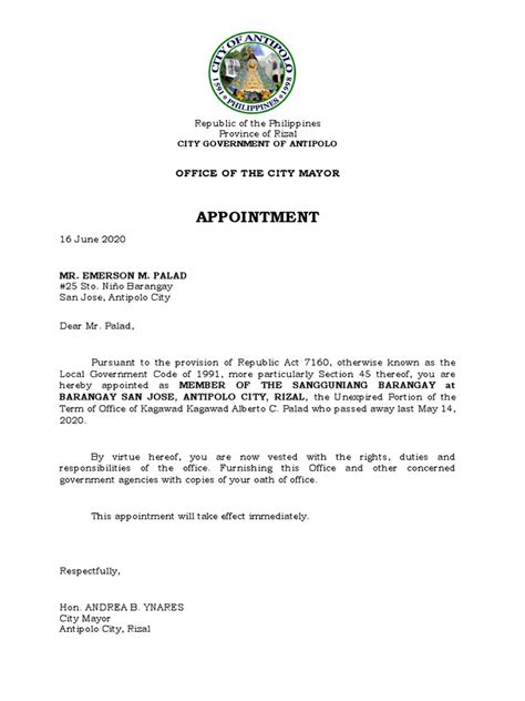 Appointment of Kagawad .